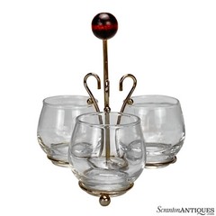 Mid-Century Gold Bar Serving Caddy w/ 3 Whiskey Glasses