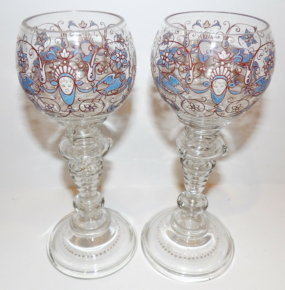 VINTAGE PAIR FRITZ HECKERT ART GLASS FACE BLUE BIRD ENAMEL 7 1/4″ WINE GLASSES