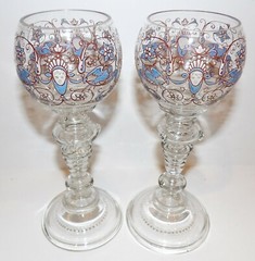 VINTAGE PAIR FRITZ HECKERT ART GLASS FACE BLUE BIRD ENAMEL 7 1/4″ WINE GLASSES