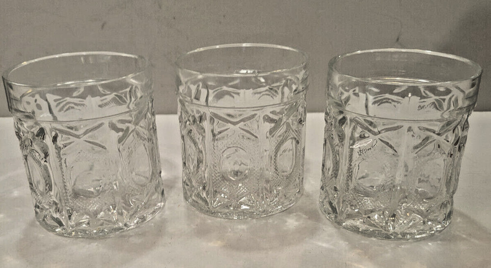 3 EAPG Pressed Glass Tumblers Banded Panels Drinking Glass 3.5″ Tall 3″ Diameter