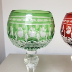 2 * Wine Hock Glasses RED & GREEN cut to Clear Crystal Triumph Imperial Estate