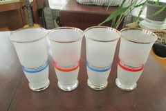 Four MCM Sugar Frosted Cooler Glasses with Gold Red / Blue Bands 6″