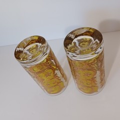 MCM Highball Glasses Gold Over Yellow Swirls Flowers On Clear Glass 5.5in Pair 2