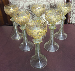 Antique Set of 6 Moser Bohemian Gold Gilt Wine Goblets Tiered Ribbed Stem 8.25″