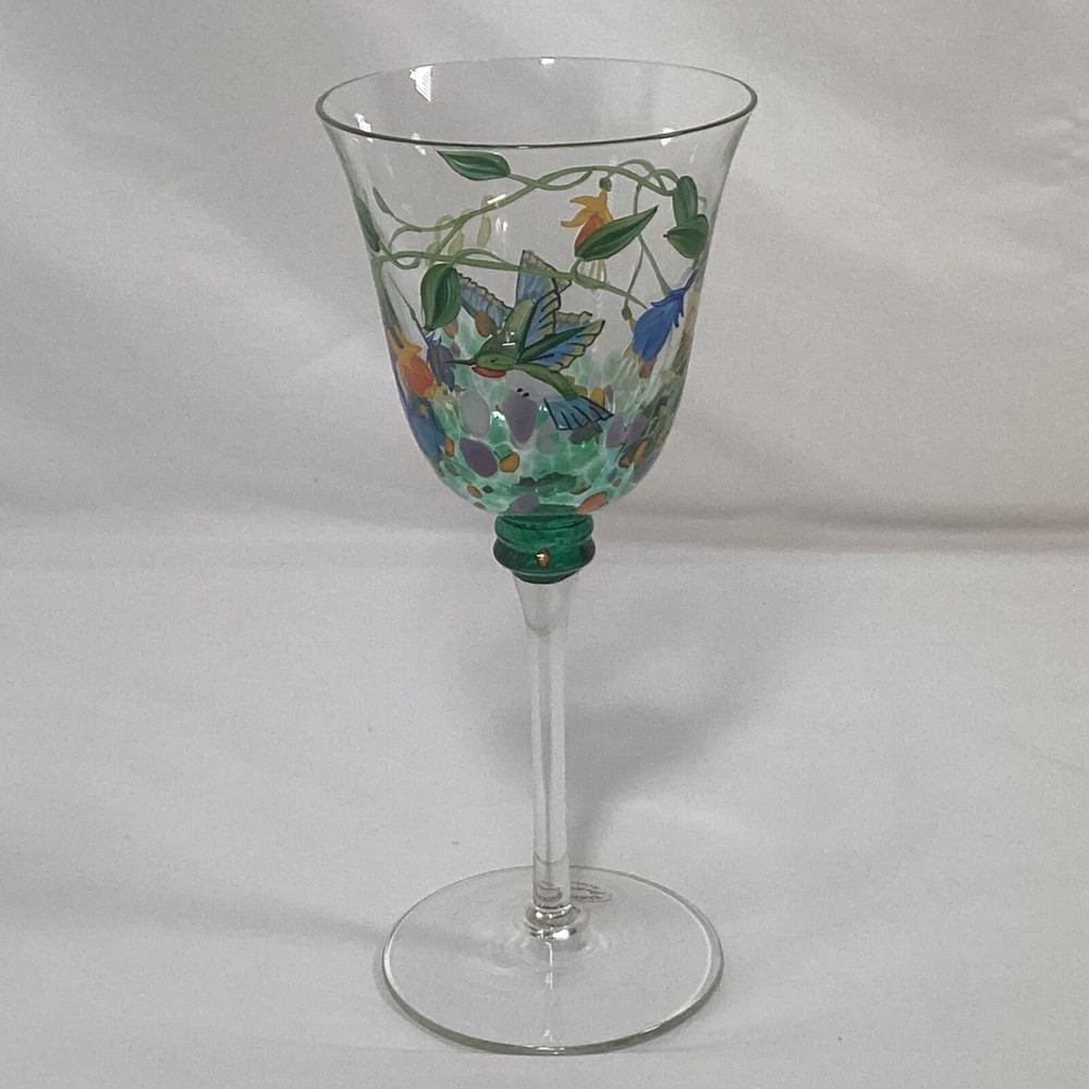 Artland Handblown Wine Glass Hummingbirds & Flowers from Romania Cottagecore