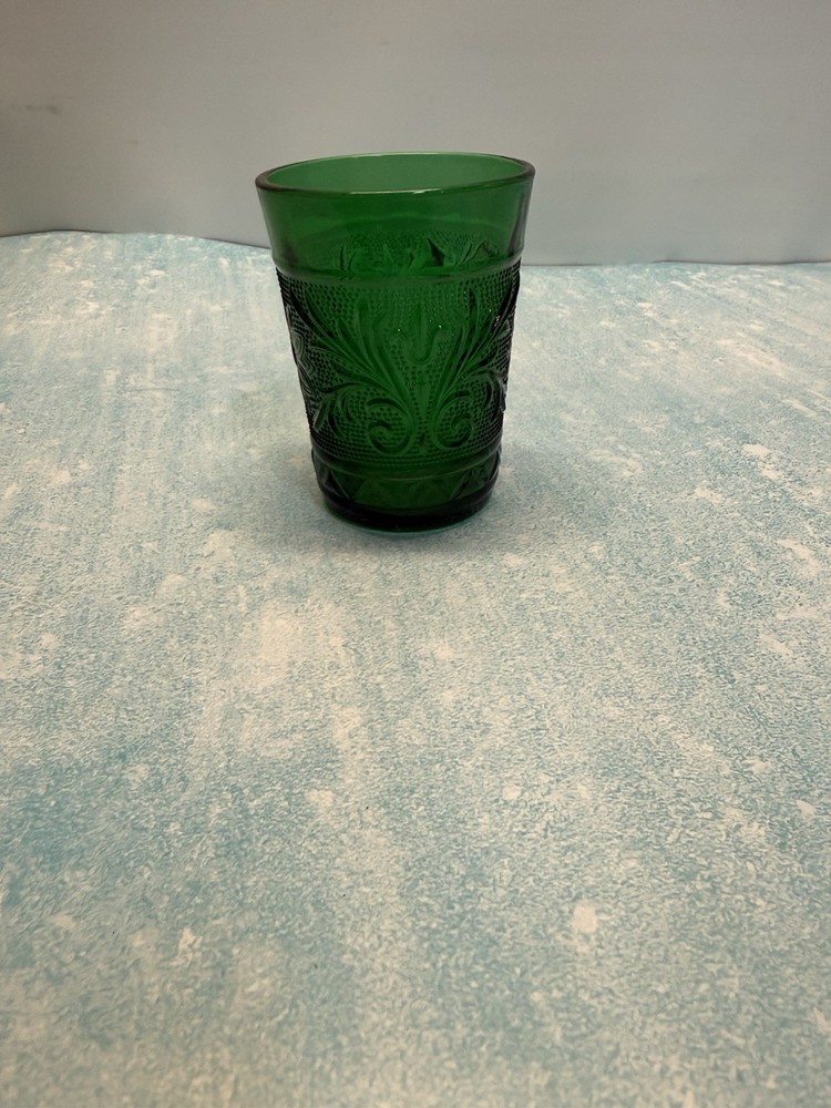 Vintage Tumbler Anchor Hocking Sandwich Glass Forest Green Floral And Scroll