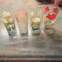 Unmarked Set of 4 Decorative Glass Tumbler Glasses, Clear Multicolor Floral