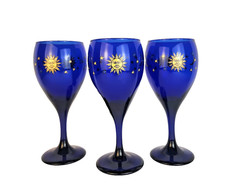 Libbey Cobalt Blue Celestial Sun Moon Stars Stem Wine Glass Set 3 Vintage Goblet