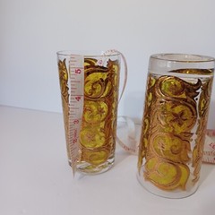 MCM Highball Glasses Gold Over Yellow Swirls Flowers On Clear Glass 5.5in Pair 2