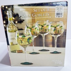 Set 4 Holly Christmas Goblets Linen & Things Holiday Gold Rim Boxes Wine 16 Oz