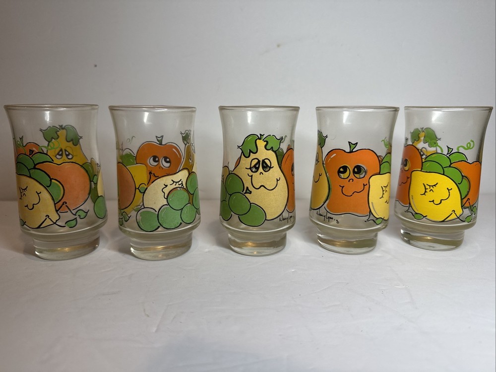 Rare Vintage Nancy Lynn Glasses (5) Smiling Fruit Retro 70’s Anchor Hocking