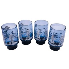 Vintage Libbey Blue Mary Gregory Fishing Kids Set Of 4 Stacking Tumblers