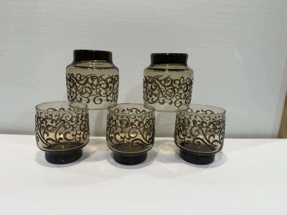 Set of 5 Libbey Prado Bronze Embossed Scroll Tumblers