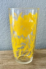 1950s Tumbler Drinking Glass with Yellow Flowers Hazel Atlas One Pint