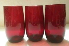 Vtg Fire King Royal Ruby Red 3 Monogrammed «G» Tumblers Water Drinking Glasses