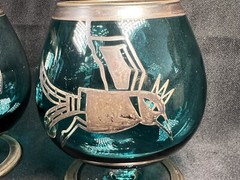 VTG SET 2 BOHEMIAN SILVER OVERLAY SMOKY GREEN BRANDY COGNAC SNIFTERS BIRD WOLF