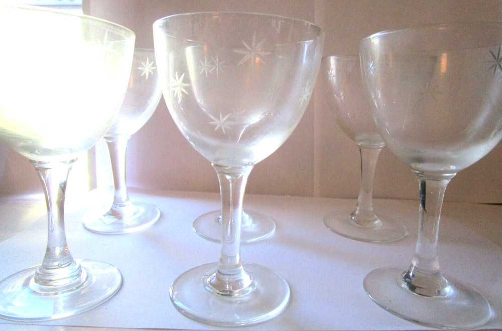 Vintage MCM Glasses Etched Atomic Starburst Cordial Sherry Cocktail Set of 6