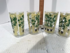 Vintage Set Of 4 Glasses With Ivy Plants Garden Trellis Glasses