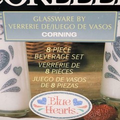 Corelle Blue Hearts 8 Pcs Set Glasses 16oz Spongeware Cottage Vintage New in Box