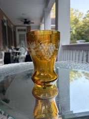 Vintage Bohemian Amber Flashed Small Bud Vase with Etched Grapevine Design