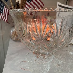 Bohemia Crystal Punch Bowl w/ 6Cups Czech Republic Scalloped Edge Pineapple Cut