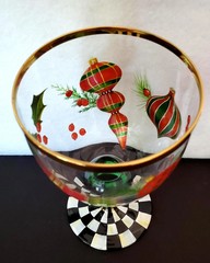 Mackenzie Childs Deck The Halls wine water goblet glass 6″ H 12 oz. New in box!