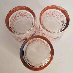Floral Pink Coral Drinking Glasses Juice Glass W/ Blue Birds 3Pc Set 4″ Rare Vtg