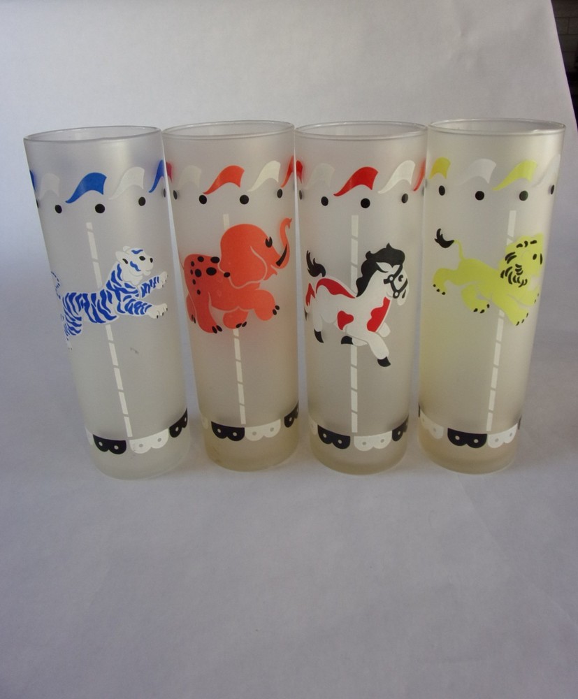 Vintage Libbey Frosted Carousel Tom Collins Glasses Barware Set of 4