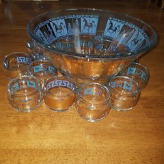 Mid Century Colony Glass Carousel Horse Punch Bowl Set Gold Blue 15 Glasses mcm