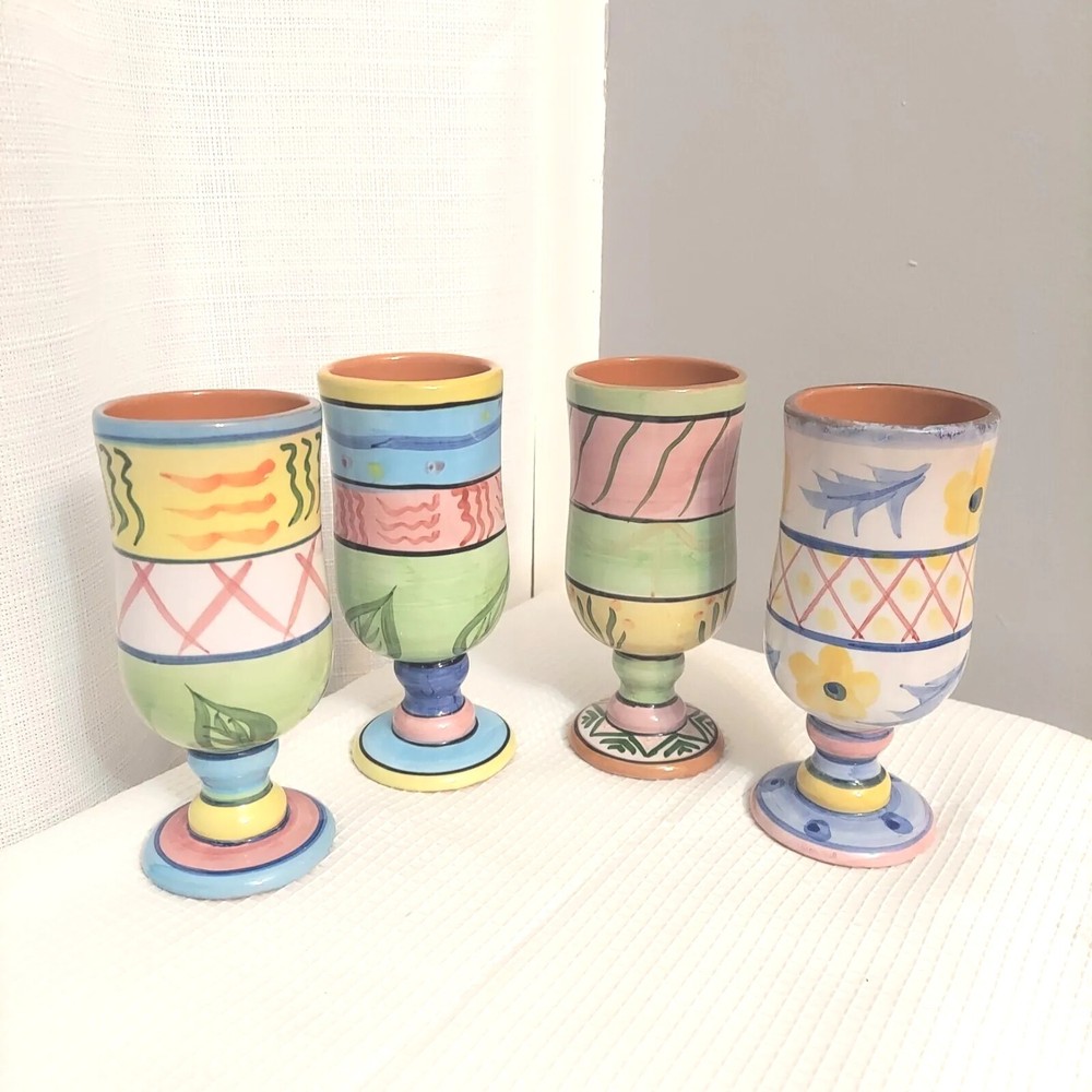Redware Pottery Pedestal Drinking Goblets Pastel Glazed Cups Colorful Bar READ