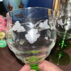 Set of 6 Tiffin Glasses with Etched Designs & Dark Green Uranium Stems Vintage