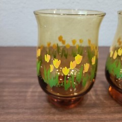Vintage Libbey Drinking Glasses Smoke Amber with Yellow Tulips Floral Set of 2