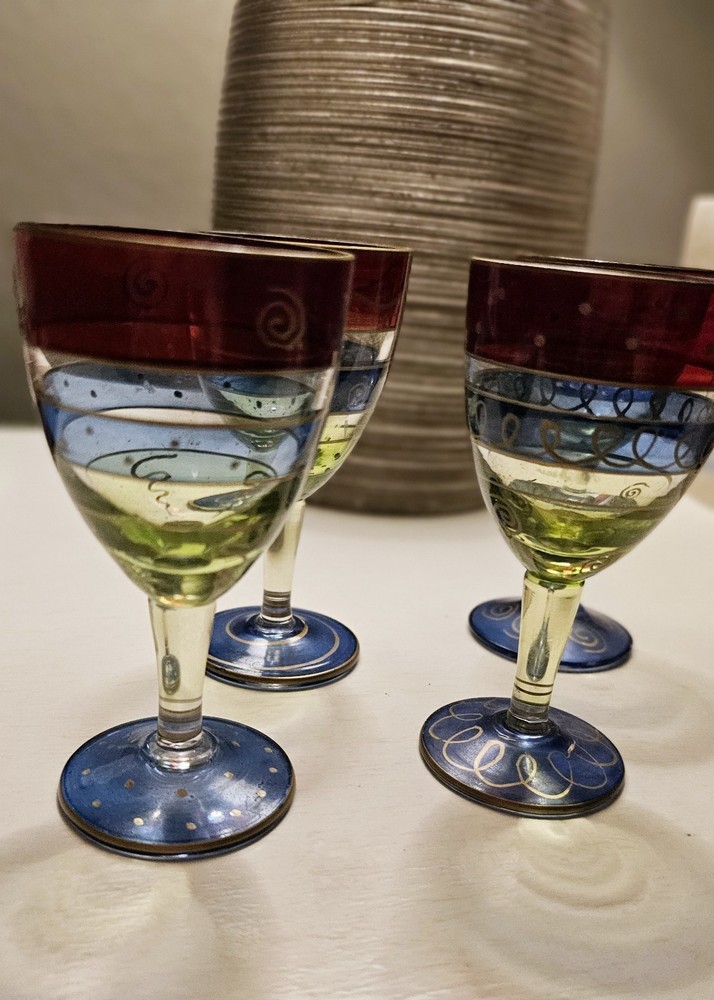 🍷Set of 4 Pier 1 Hand Painted Small 4″ Red Green Blue Gold Cordial Glasses