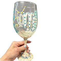 Decorative Hand-Painted Virgo Wine Glass Gold Turquoise Blue Polka Dots