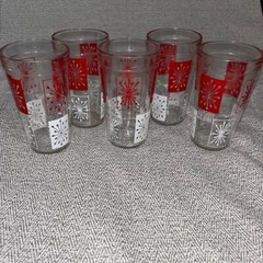 Hazel Atlas vintage MCM Atomic starburst red and white glass tumblers set of 5