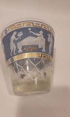 Vintage Cera Set of 2 Glass Etruscan Frieze Tumblers Blue White Gold