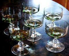 SASAKI REGENCY Vtg MCM Set 6 Champagne/Sherbet Glasses OLIVE GREEN w Clear Stem