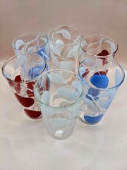 Vintage 1960’s Clear Glass Tumbler Blue, White and Red Fruit Design Set of Six