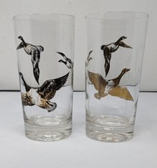 Vintage MCM Pair Of Gilded Canadian Goose In Flight Highball Glasses Libbey (?)