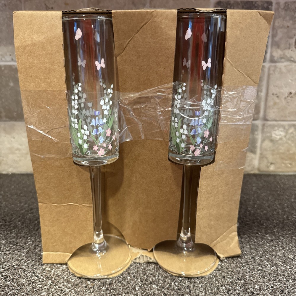 2 Libby Champagne Flutes Glasses Lily Of The Valley 9.5″ 6 Oz Delicate Floral