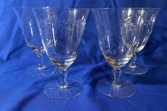 Set of 4 Etched Glass Water Wine Goblets Stemware Flower Leaf Wheat Pattern