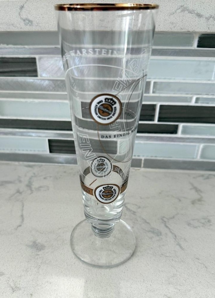 VINTAGE GERMAN WARSTEINER 8″ TALL PILSNER BEER GLASS w/ GOLD RIM MINT CONDITION
