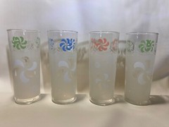 Vintage tall TOM COLLINS TUMBLER LOT frosted pinwheels set of 4 green pink blue