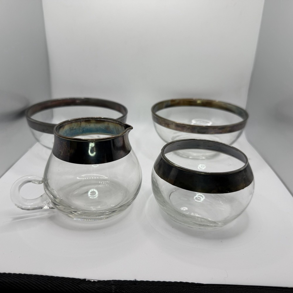Vtg DOROTHY THORPE Glass Cream + Sugar Set + 2 Dip Bowls Silver Wide Band MCM