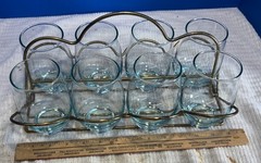 8 Libbey Blue Tempo 12 oz Mid-Century Modern Glass Tumblers & Folding Caddy NEW