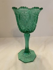 Vintage Green Kemple Glass Challice Goblet Hobstar Pattern Sawtooth Edge 9 3/8″T