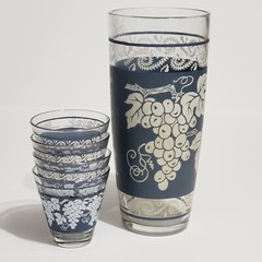 Hazel Atlas Jasperware-Blue Grapevine-Shaker/4 shots-barware-Wedgwood-MCM