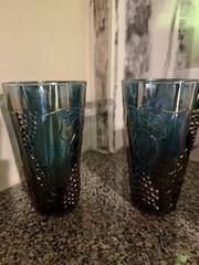 Depression Era Carnival Glass Iridescent Blue Purple Grape & Leaf Glass Tumbler