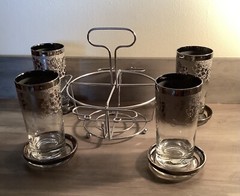MCM Silver Fade Dorothy Thorpe?? Glass Tumbler Set of 4 W Coasters Carrier