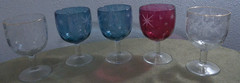 5 Bartlett Collins Etched Atomic Starburst & grapevine design thumbprint goblet